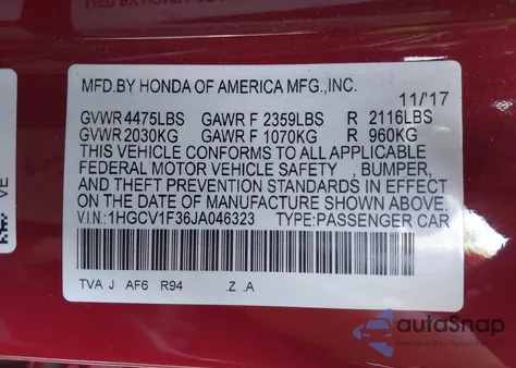 2018 Honda Accord Sport из США, поврежденный, VIN 1HGCV1F36JA046323